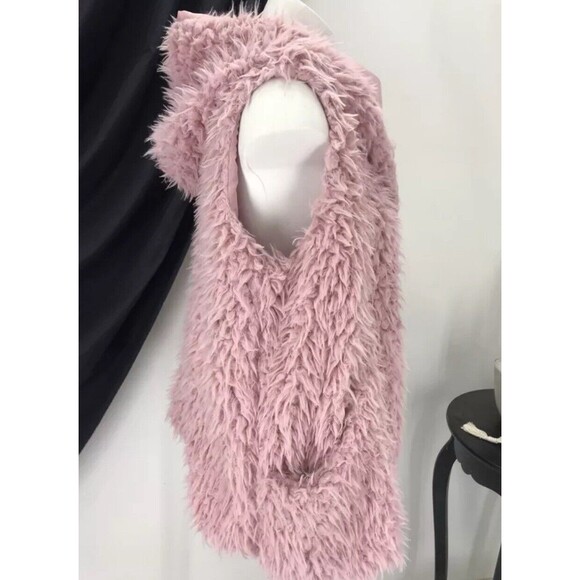 A.N.A. Womens Pink Faux Sheep Fur Hooded Jacket Vest Pockets Cozycore Large Coat - Picture 3 of 16